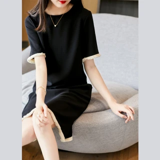 【初色】赫本風流蘇連身裙洋裝-黑色-98529(M-2XL可選)