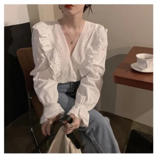 【BBHONEY】蕾絲荷葉邊白襯衫百搭上衣(網美必備款)