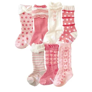 【橘魔法】（7雙一組）粉色點點公主風高筒襪 (防滑膠點 中筒襪 長筒襪 襪子 女童 兒童 童裝)