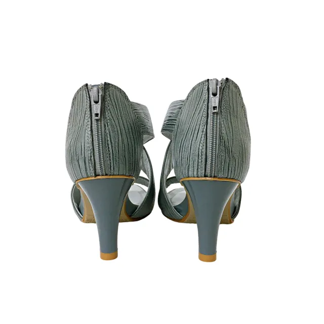【ClayDerman】歐美復古牛皮壓紋中跟涼鞋-藍(0167120-35)