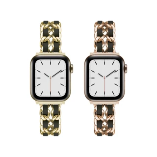 【DAYA】Apple Watch 1-9代/SE 38/40/41mm 金屬鍊帶皮革交織錶帶
