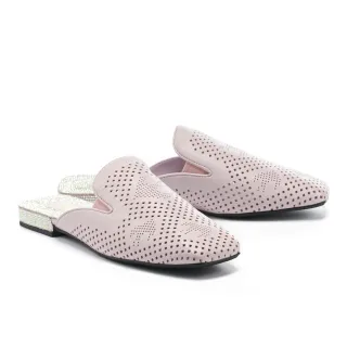 【MODA Luxury】時髦氣勢沖孔羊皮晶鑽方頭低跟穆勒拖鞋(紫)