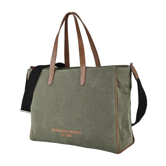 【GOLDEN GOOSE】GOLDEN GOOSE California字母LOGO帆布肩背斜背包托特包(軍綠/橘字)
