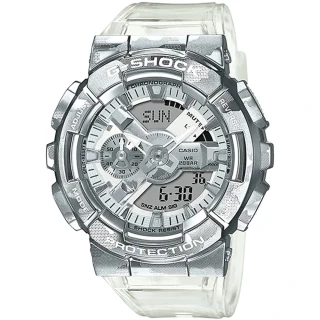 【CASIO 卡西歐】G-SHOCK 銀白工業風耐衝擊雙顯腕錶/白x銀框(GM-110SCM-1A)