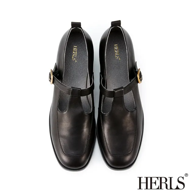 【HERLS】低跟鞋-復古全真皮T字瑪莉珍低跟鞋(黑色)