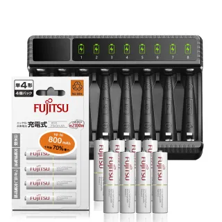 【FUJITSU 富士通】低自放電4號750mAh4號8入+智慧型八槽USB電池充電器+送電池盒(充電電池組)
