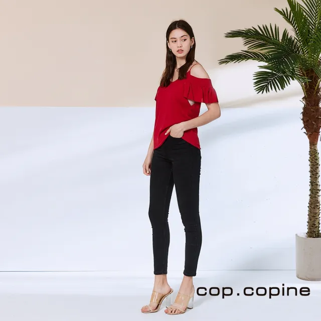 【ICHE 衣哲】Cop.Copine 法國原裝進口露肩荷葉針織造型上衣-嘉年華紅