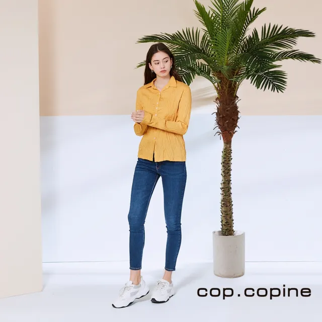 【ICHE 衣哲】Cop.Copine 法國原裝進口抓皺設計條紋造型襯衫-收納隨行款-陽光金黃