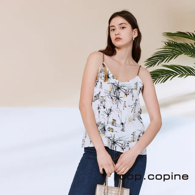 【ICHE 衣哲】Cop.Copine 法國原裝進口細肩印花造型上衣-椰奶白