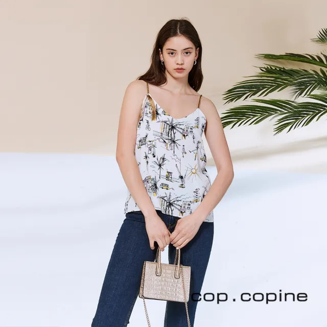 【ICHE 衣哲】Cop.Copine 法國原裝進口細肩印花造型上衣-椰奶白