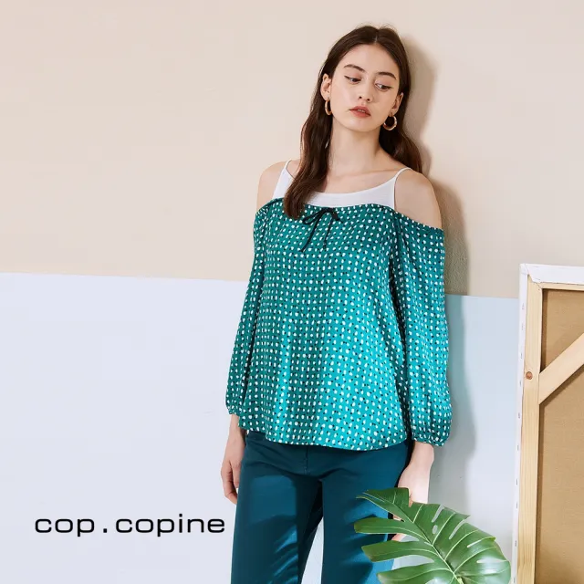 【ICHE 衣哲】Cop.Copine 法國原裝進口假兩件波點印花造型上衣-潮水藍綠