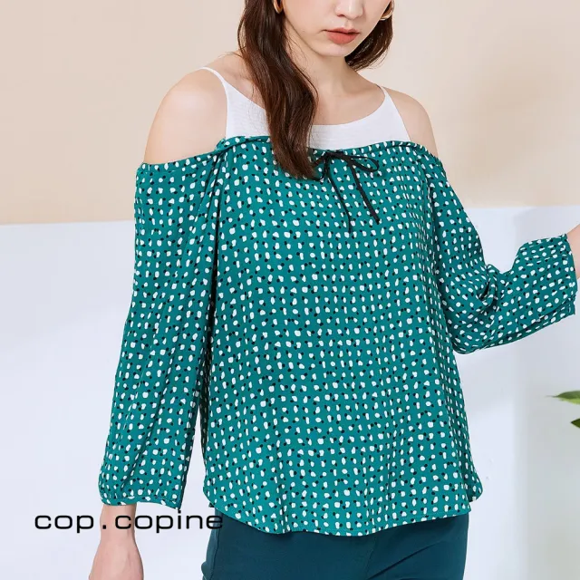 【ICHE 衣哲】Cop.Copine 法國原裝進口假兩件波點印花造型上衣-潮水藍綠