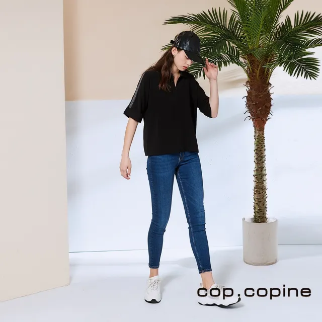 【ICHE 衣哲】Cop.Copine 法國原裝進口銀飾拉鍊設計造型上衣-曜黑