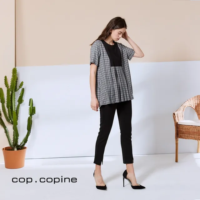 【ICHE 衣哲】Cop.Copine 法國原裝進口格紋印花拼接造型上衣-高級灰