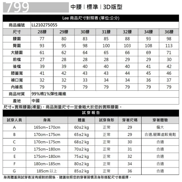 【Lee 官方旗艦】男裝 牛仔褲 / 799 中腰標準 3D剪裁 中藍洗水 / Urban Riders 系列(LL210275055)