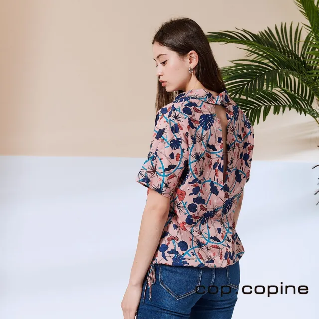 【ICHE 衣哲】Cop.Copine 法國原裝進口露肩印花露背襯衫造型上衣-花簇粉