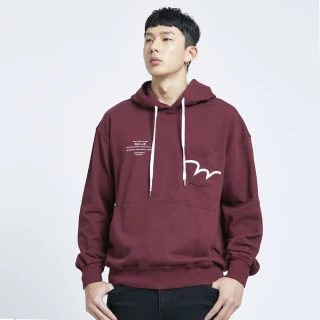【EDWIN】男裝 EDGE 皮質LOGO長袖連帽T恤(朱紅色)