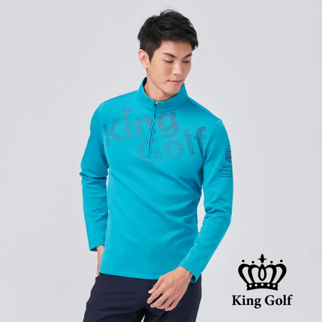 【KING GOLF】速達-男款大LOGO印圖小立領拉鍊厚款長袖POLO衫/高爾夫球衫(綠色)