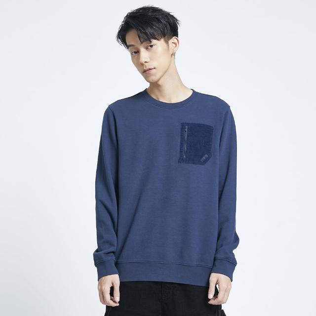 【EDWIN】男裝 條絨口袋厚長袖T恤(灰藍色)
