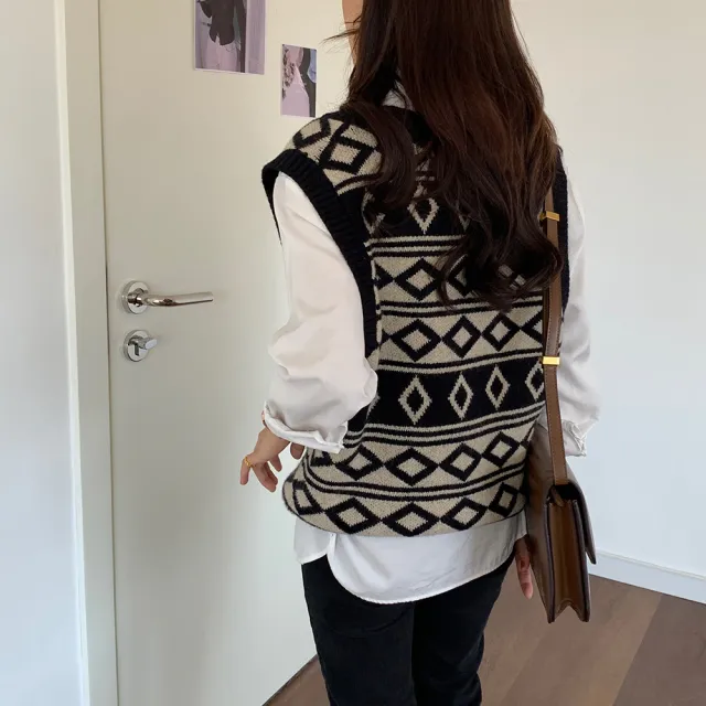 【RH】休閒撞色圖紋毛衣背心(3款北歐風格圖案F尺碼)