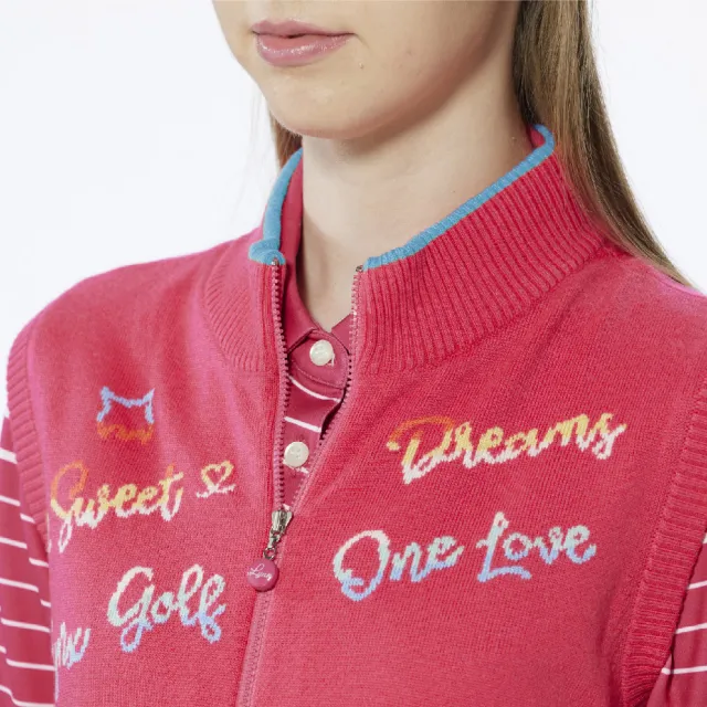 【Lynx Golf】女款保暖羊毛混紡彩色文字緹花領緣配色無袖立領背心(玫紅色)