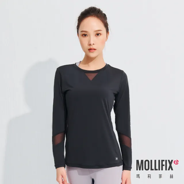 【Mollifix 瑪莉菲絲】修身拼接透氣長袖訓練上衣、瑜珈上衣、瑜珈服(黑)