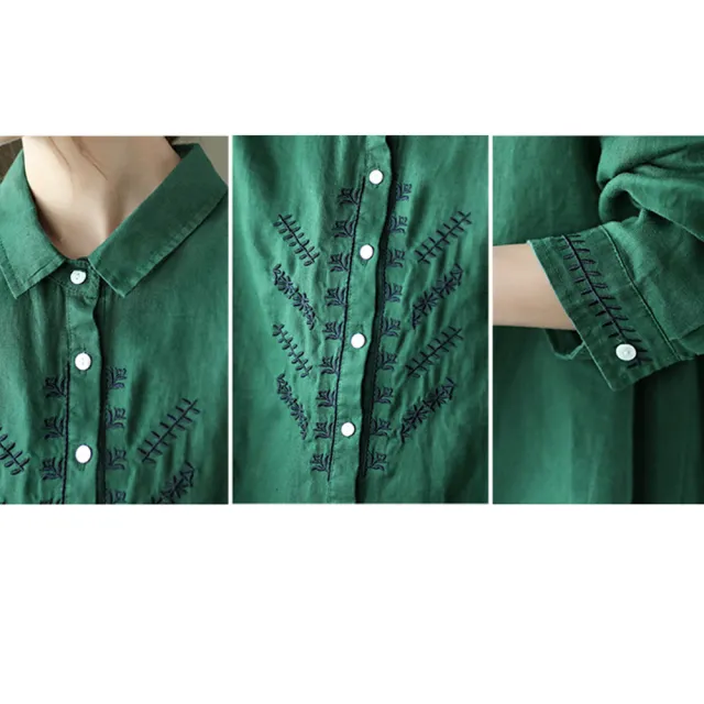 【ACheter】復古重工刺繡棉麻翻領文藝純色長袖襯衫#110876現貨+預購(3色)