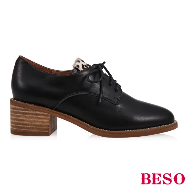 【A.S.O 阿瘦集團】BESO 柔軟牛皮拼接粉色豹紋中跟牛津鞋(黑)