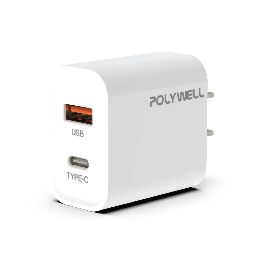 【POLYWELL】20W雙孔快充組 Type-A/C充電器+Type-C 3A快充高速傳輸線 BRAID版 3M(適用於安卓快充設備)