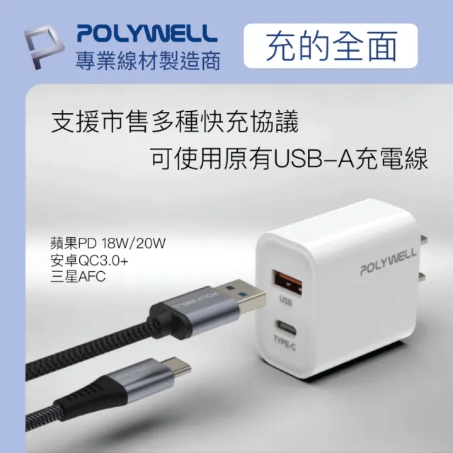 【POLYWELL】20W雙孔快充組 Type-A/C充電器+Type-C 3A快充高速傳輸線 BRAID版 2M(適用於安卓快充設備)