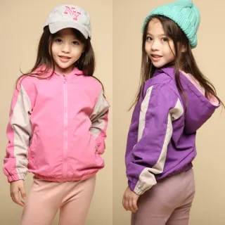【Azio Kids 美國派】女童 外套 接袖配色搖粒絨內裡連帽防風長袖外套(紫粉二色)