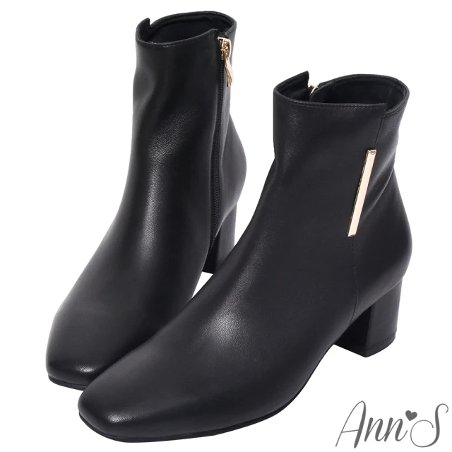 【Ann’S】可以穿很久-直條金屬全真皮小羊皮粗跟短靴5cm(黑)