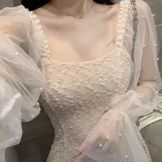 【BBHONEY】名媛風 氣質 中長款 網紗珍珠拼接小禮服  長袖洋裝(網美必備款)