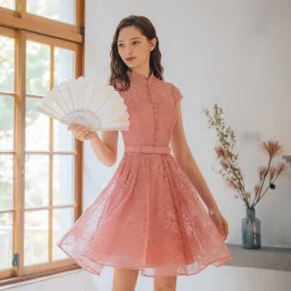 【OMUSES】蕾絲旗袍粉色短禮服B7-98729(S-2L)
