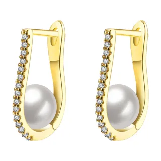 【Aphrodite 愛芙晶鑽】璀璨排鑽珍珠造型耳釦式耳環(黃金色)