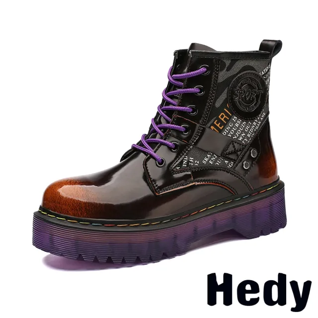 【Hedy】厚底馬丁靴 馬丁靴/復古印花帆布拼接亮漆皮厚底潮流馬丁靴(咖)