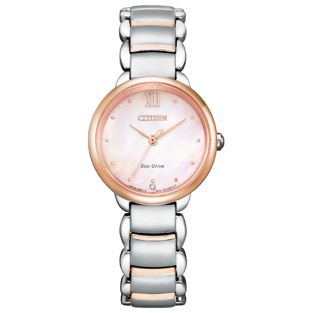 【CITIZEN 星辰】L系列 美鑽白蝶貝光動能女錶/28mm(EM0924-85Y)