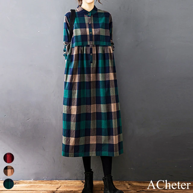 【ACheter】韓版大碼休閒棉麻暖格呢寬鬆洋裝#111118現貨+預購(3色)