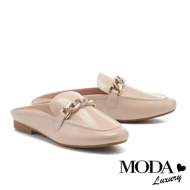 【MODA Luxury】個性金鏈牛油皮低跟穆勒拖鞋(粉)