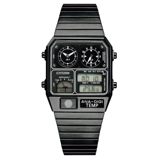 【CITIZEN 星辰】ANA-DIGI TEMP 經典金屬復古電子錶-黑/32.5x40.6mm(JG2105-93E)