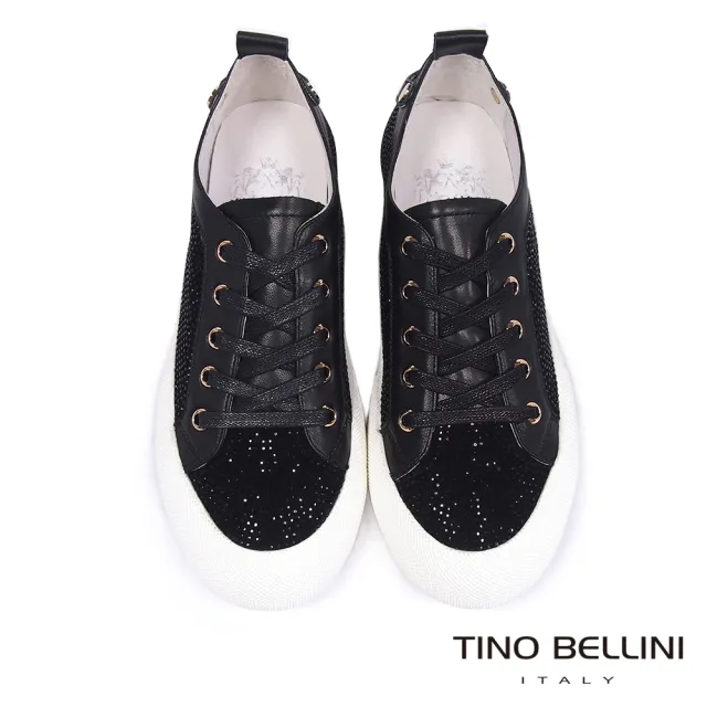 【TINO BELLINI 貝里尼】閃耀晶鑽羊皮拼接平底休閒鞋L0O0011(黑)