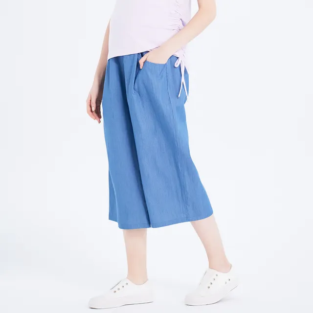 【Gennies 奇妮】水洗風打褶牛仔寬褲-藍(孕婦褲 牛仔褲 七分褲 雙口袋 一體成型 無痕褲頭)