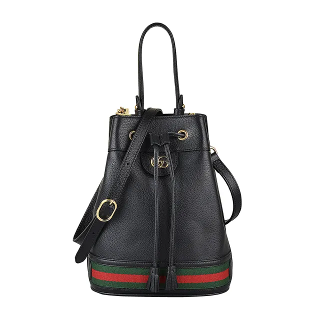 【GUCCI 古馳】GUCCI OPHIDIA雙G金屬LOGO綠紅綠織帶牛皮束口斜背水桶包(小/黑)