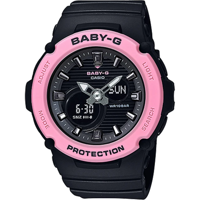 【CASIO 卡西歐】BABY-G 仲夏海灘運動雙顯腕錶/黑x粉框(BGA-270-1A)