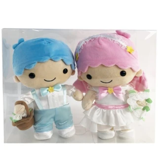 【小禮堂】雙子星 絨毛玩偶組 結婚娃娃 婚禮娃娃 中型玩偶 透明盒裝 《2入 粉藍婚紗》
