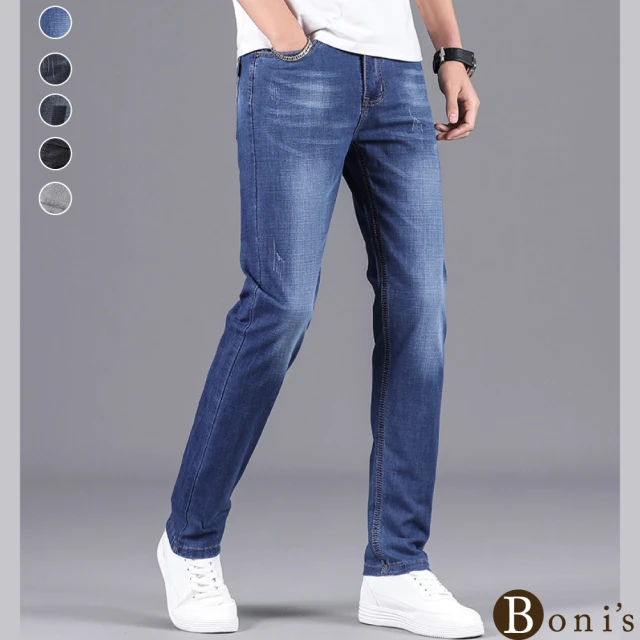 【Boni’s】彈力小直筒休閒牛仔褲 L-4XL(現+預  藍色 / 深藍色 / 藍黑色 / 黑色 / 灰色 / 藍色)