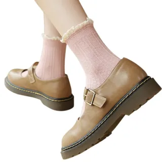 【89 zone】日系潮流學院風蕾絲花邊 女襪 堆堆襪 中筒襪 小腿襪 1 雙(皮粉白/黑/紅)