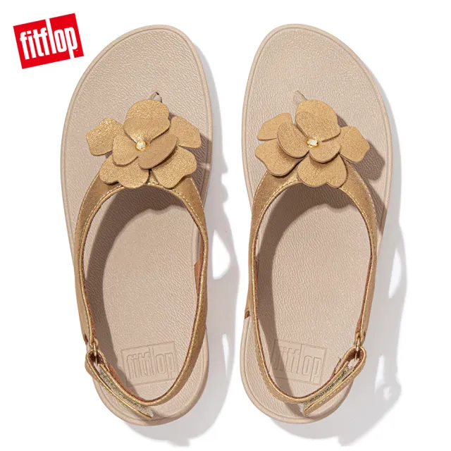 【FitFlop】LULU CORSAGE TOE-POST BACK-STRAP SANDALS 麂皮花朵後帶涼鞋-女(復古金)