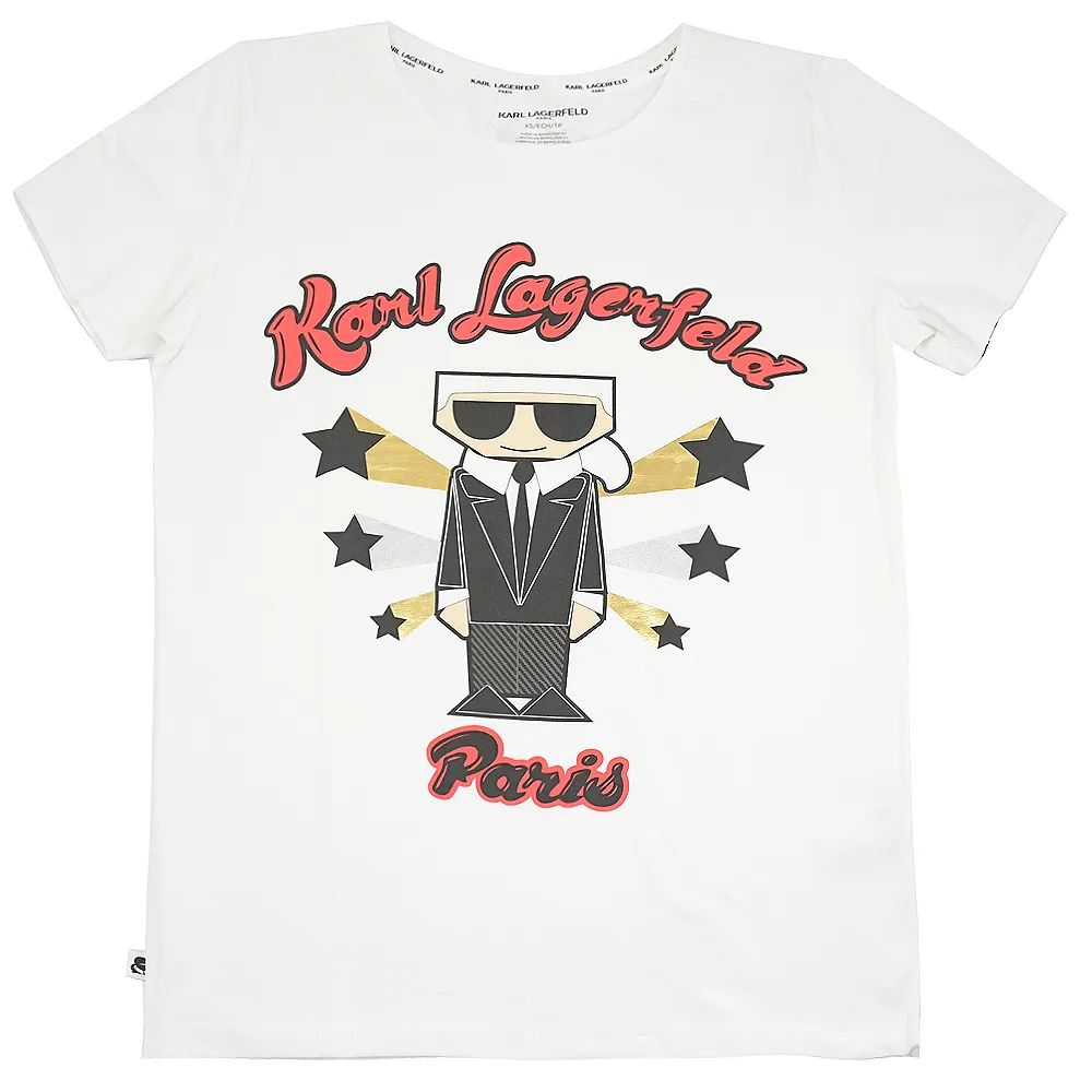 【KARL LAGERFELD 卡爾】老佛爺 超Q大明星公仔圖案個性棉短T(白)