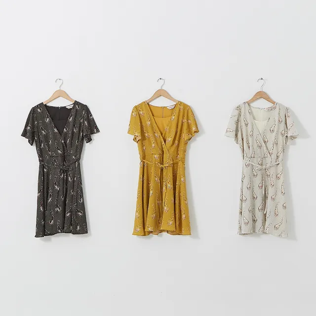 【CUMAR】假兩件古典印花-女短袖洋裝 印花 黑 米 黃(三色/版型適中)